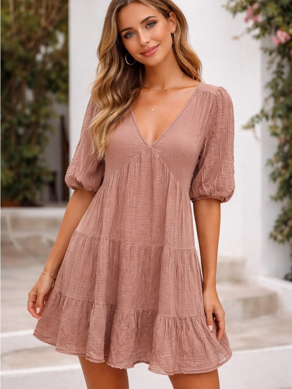 Aerie Brushed Cotton  V-Neck Tiered Mini Dress